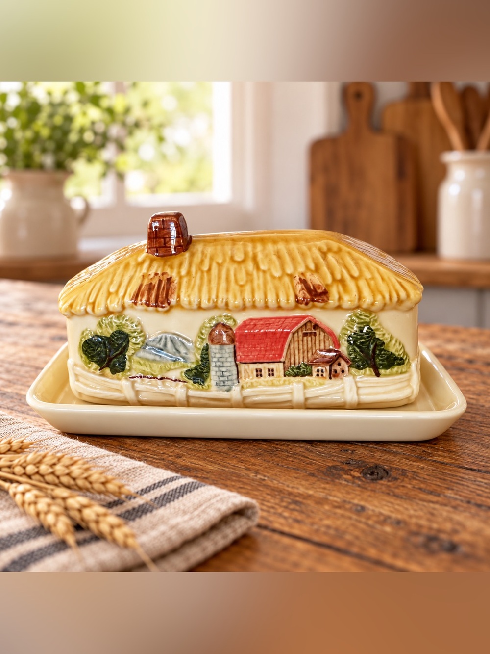 Marks & Rosenfeld Cottageware Farm Butter Dish with Thatched Roof